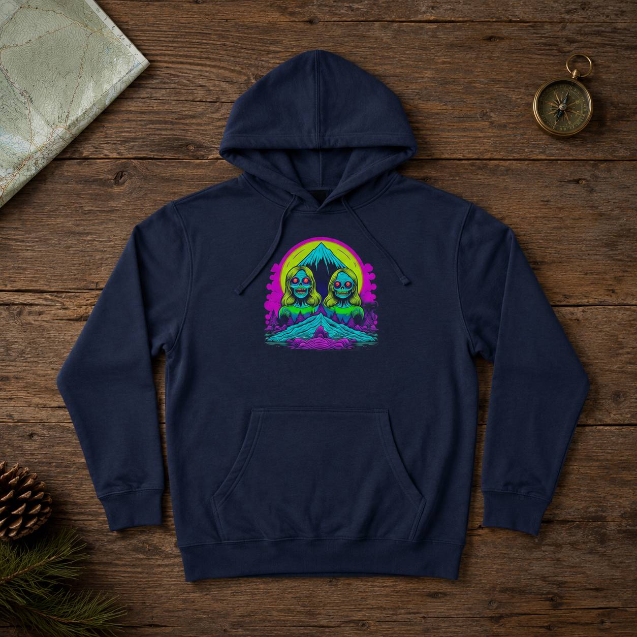 Navy blue hoodie with a colorful graphic design on a wooden surface