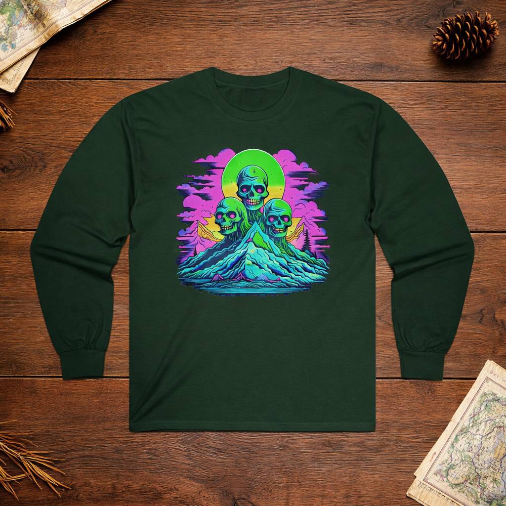 Green long-sleeve shirt with a colorful graphic design on a wooden surface
