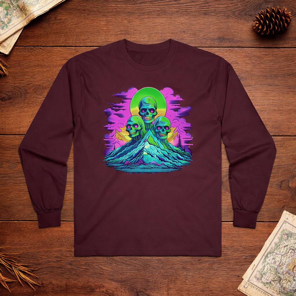 Maroon long-sleeve shirt with a colorful graphic design on a wooden surface.
