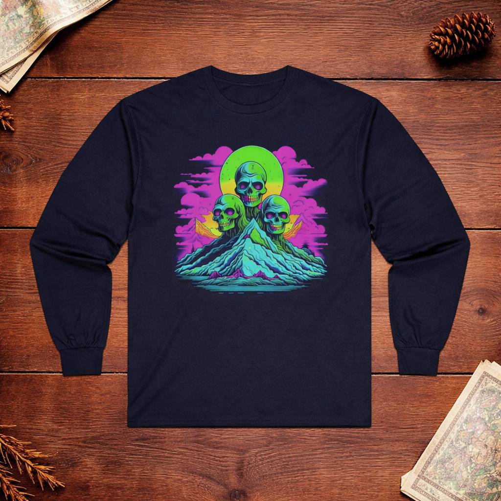 Navy long-sleeve shirt with a colorful graphic design on a wooden surface