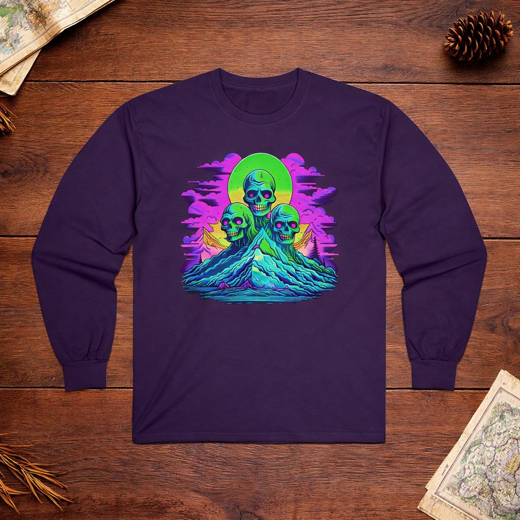 Purple long-sleeve shirt with a colorful graphic design on a wooden surface
