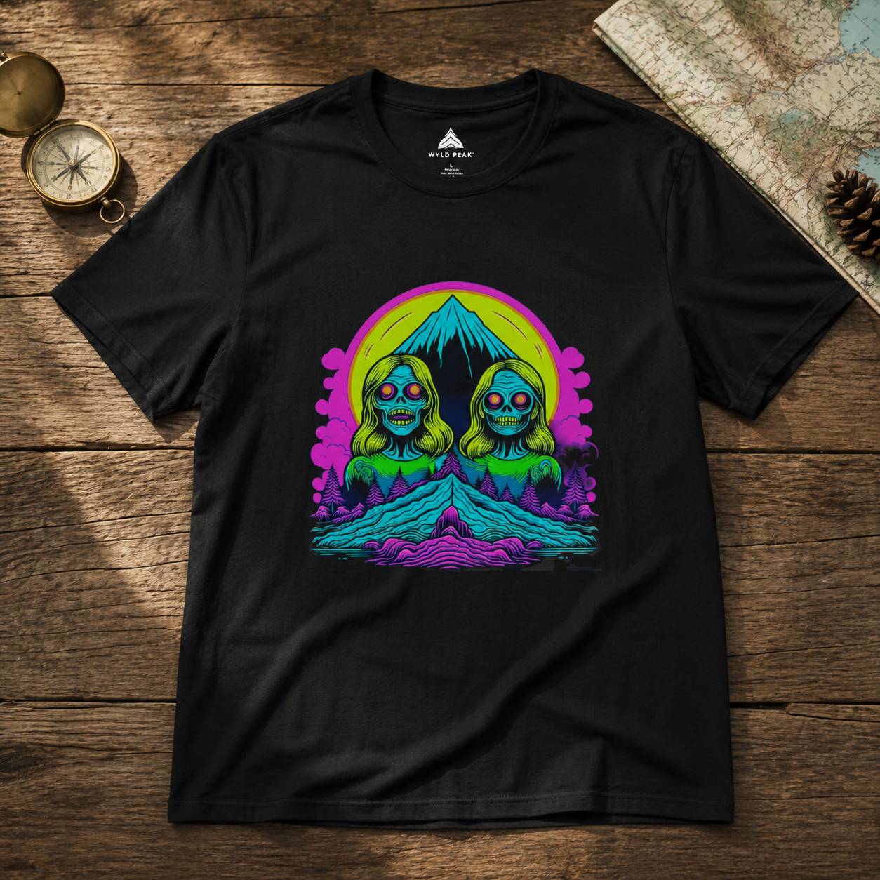 Black t-shirt with a colorful graphic design on a wooden surface