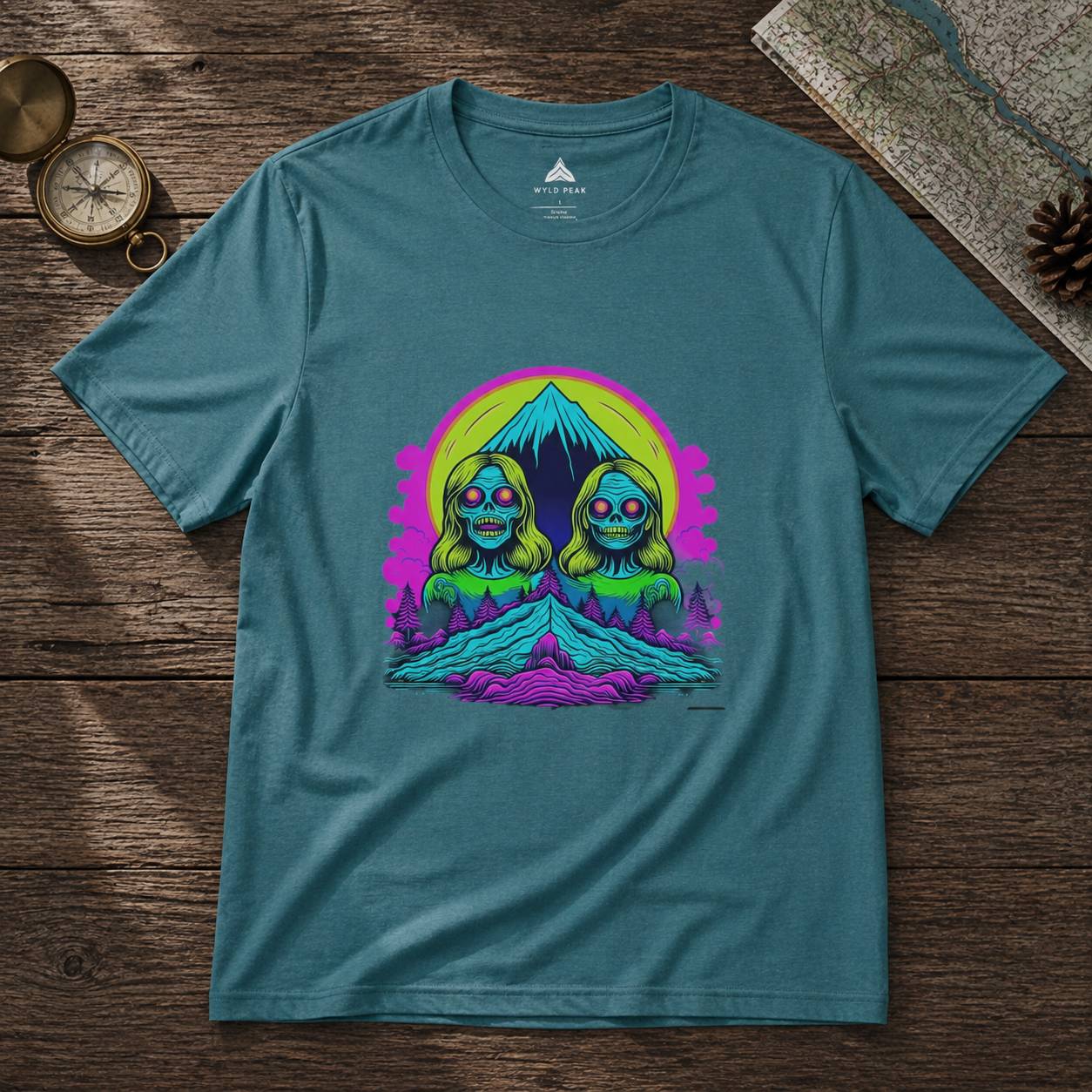 Blue t-shirt with a colorful graphic design on a wooden surface