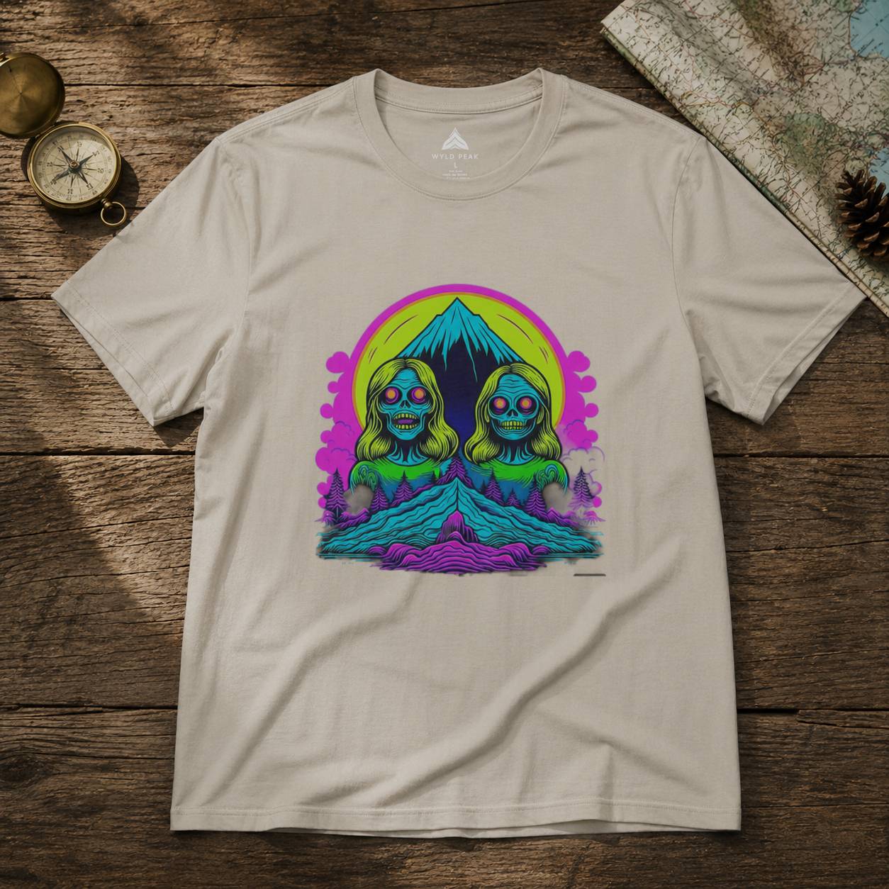 Beige t-shirt with a colorful graphic design on a wooden surface