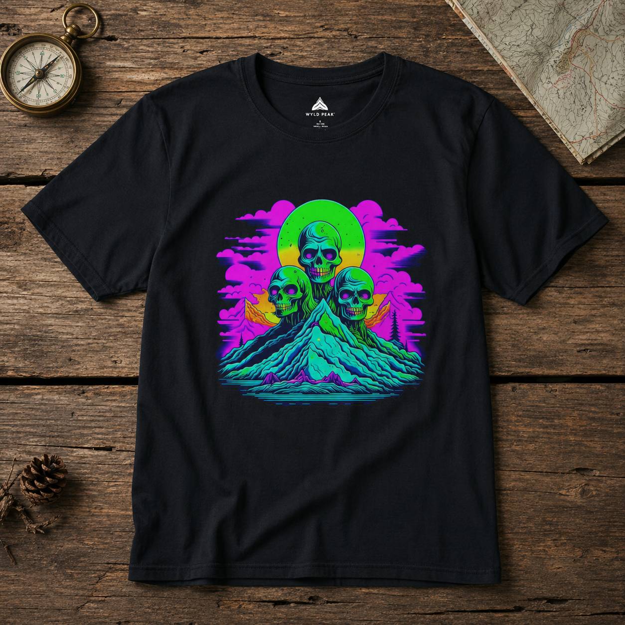 Black t-shirt with colorful skull design on a wooden surface