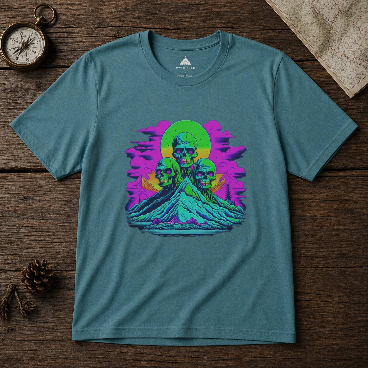 Teal t-shirt with colorful skull design on a wooden surface