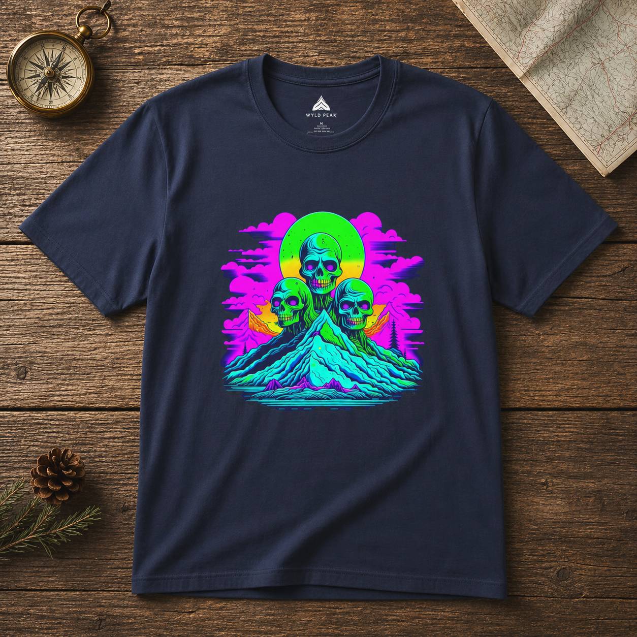 Navy blue t-shirt with colorful graphic design on a wooden surface