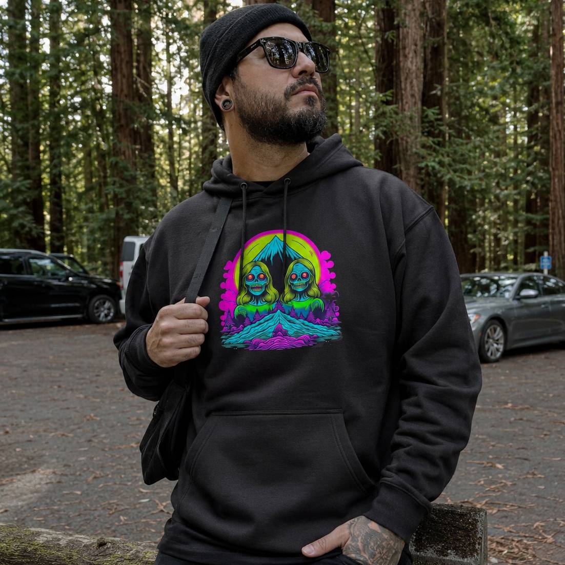 Man wearing a black hoodie with a colorful graphic design in a forest setting