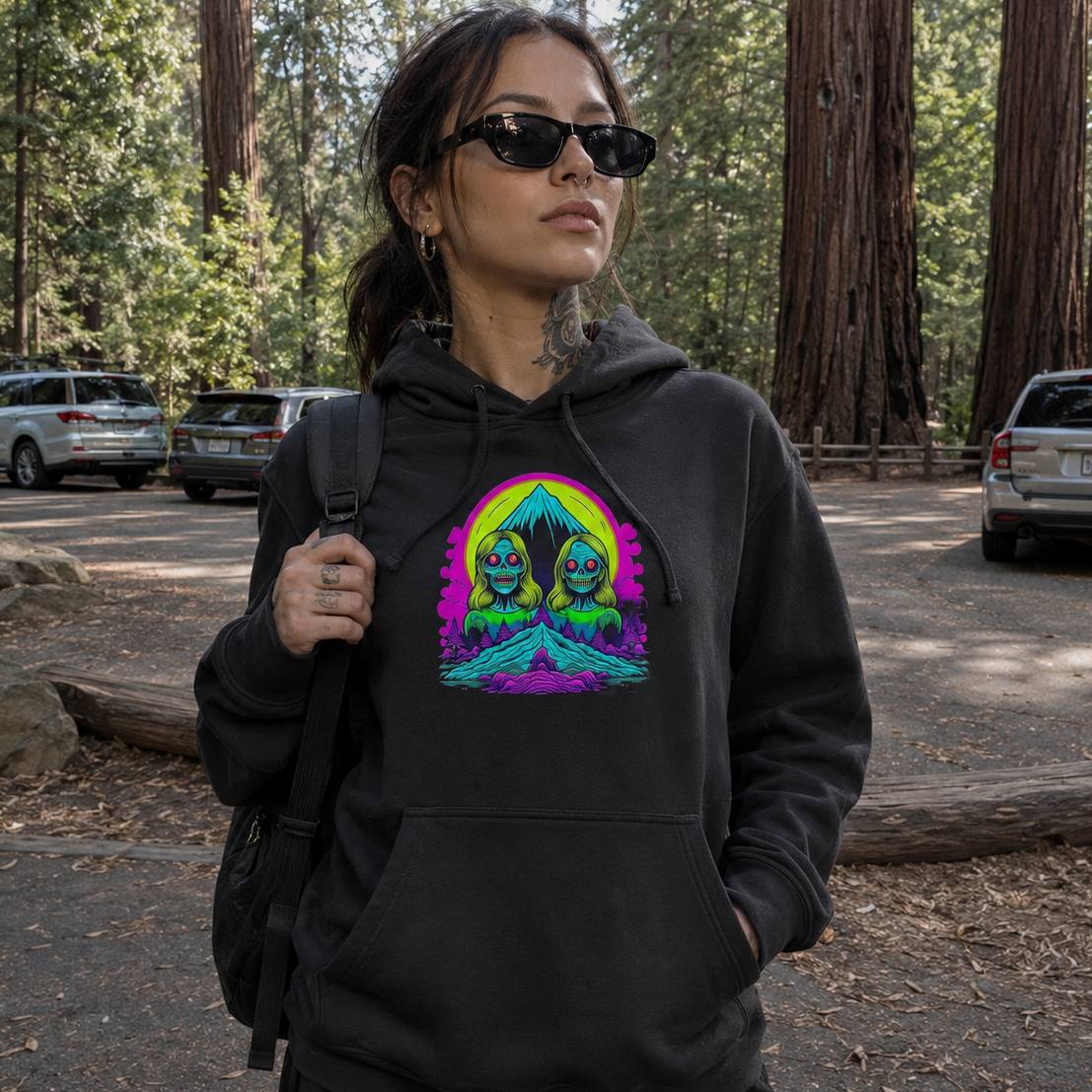 Person wearing a black hoodie with a colorful graphic design in a forest setting