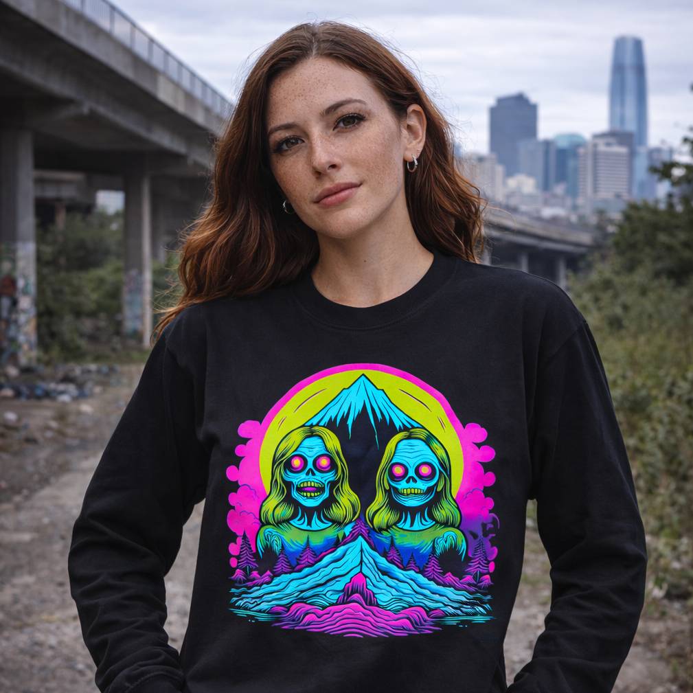 Woman wearing a black sweatshirt with a colorful graphic design in an urban setting