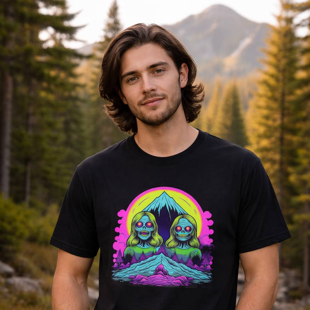 Man wearing a black t-shirt with a colorful graphic design of two characters in front of a mountain and pink circle, set against a natural background.