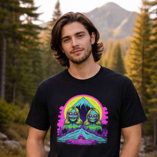 Man wearing a black t-shirt with a colorful graphic design of two characters in front of a mountain and pink circle, set against a natural background.