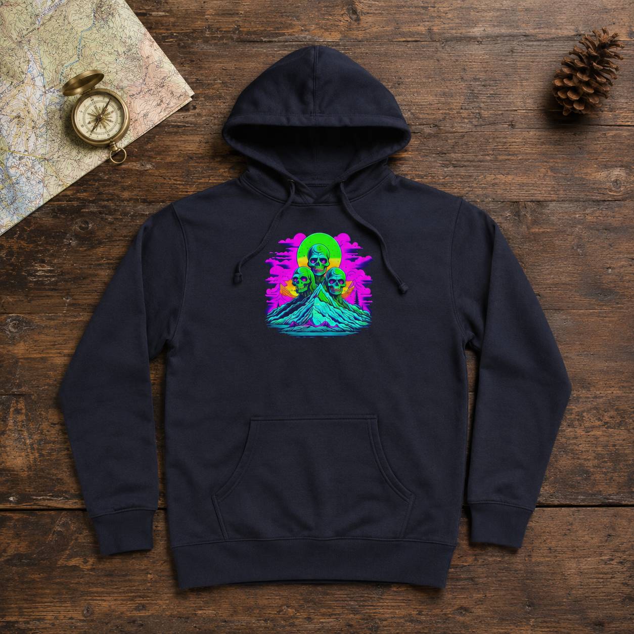 Black hoodie with colorful graphic design on a wooden surface with a map and pine cone.