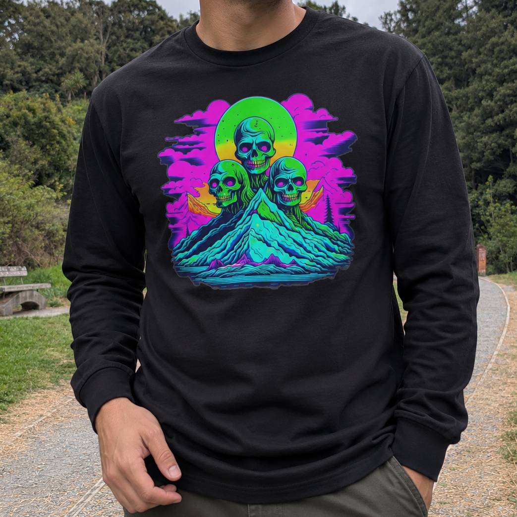 A man wearing a black long-sleeve t-shirt with a vibrant, colorful graphic print of three neon green skulls on a mountain under a pink and yellow sun, set against an outdoor park background.