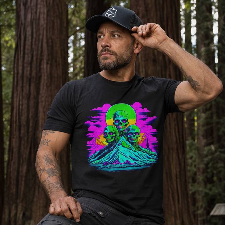Man wearing a black t-shirt with colorful graphic design in a forest setting