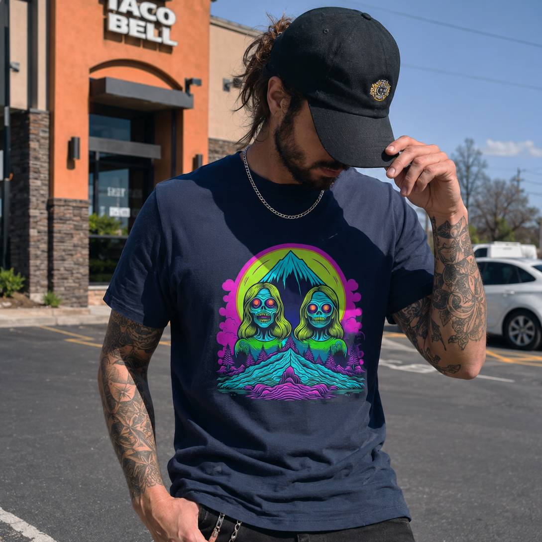 Man wearing a navy blue t-shirt with a colorful graphic design in front of a Taco Bell restaurant.