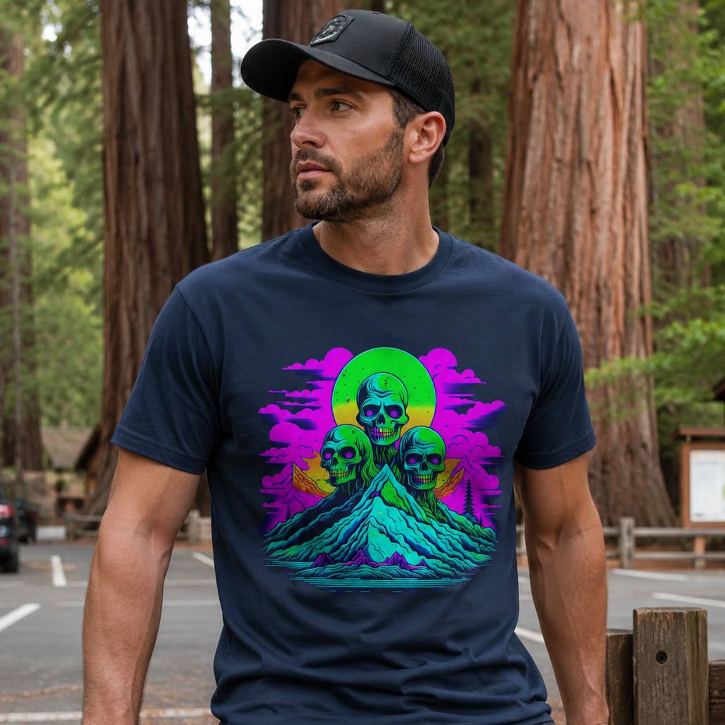 Man wearing a navy blue t-shirt with a colorful graphic design in a forest setting