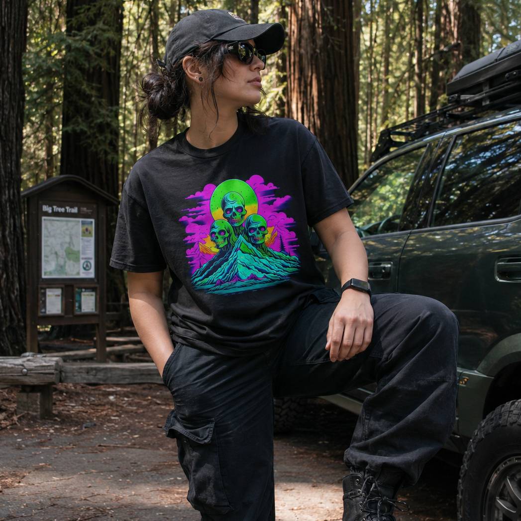 Person wearing a black t-shirt with a colorful graphic design, sitting in a forested area with a vehicle in the background.